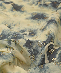 Yellow with Navy blue Shibori print on Mal cotton Fabric with Zigzag Mukaish work