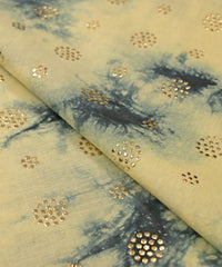 Yellow with Navy blue Shibori print on Mal cotton Fabric with Zigzag Mukaish work