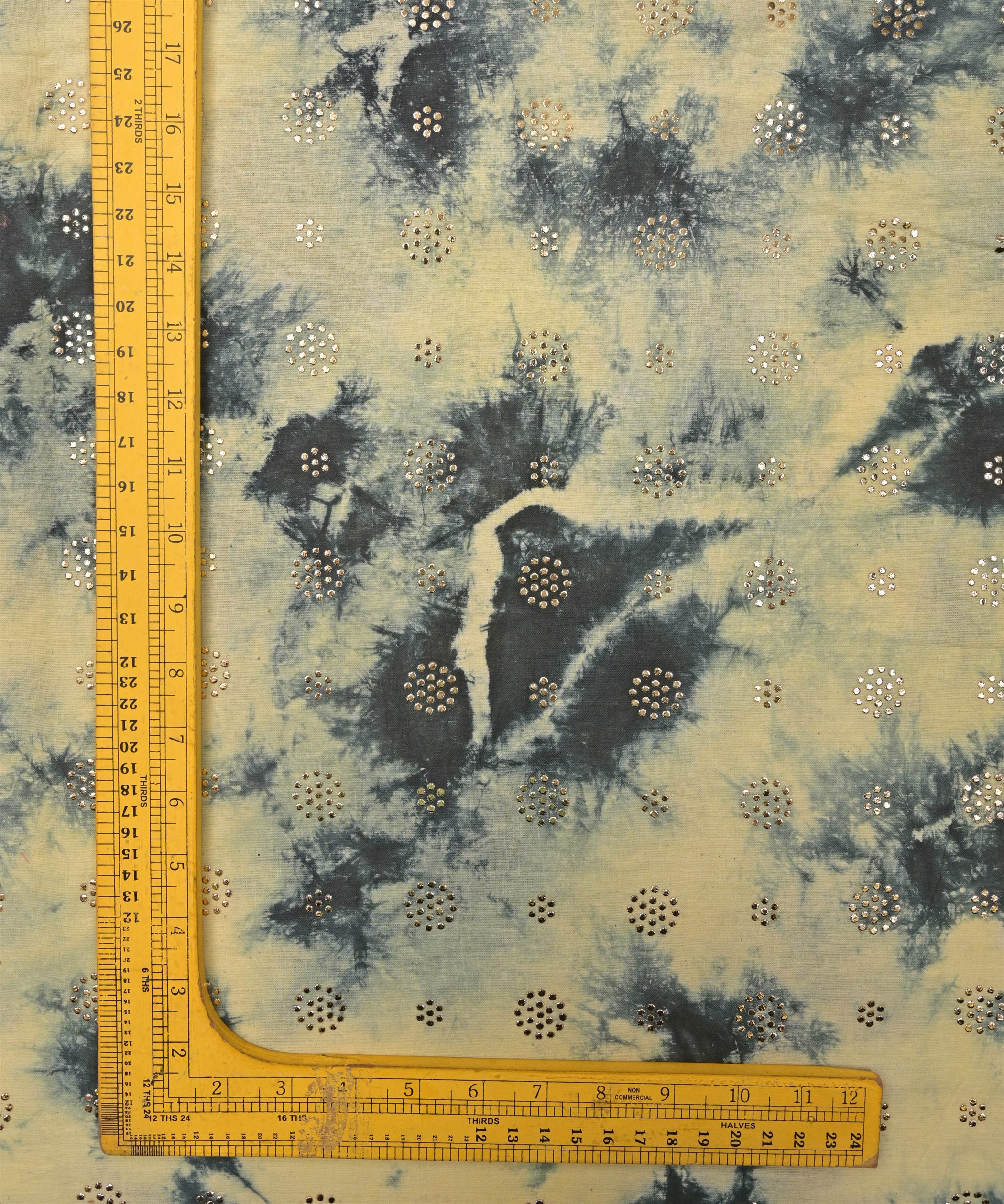 Yellow with Navy blue Shibori print on Mal cotton Fabric with Zigzag Mukaish work