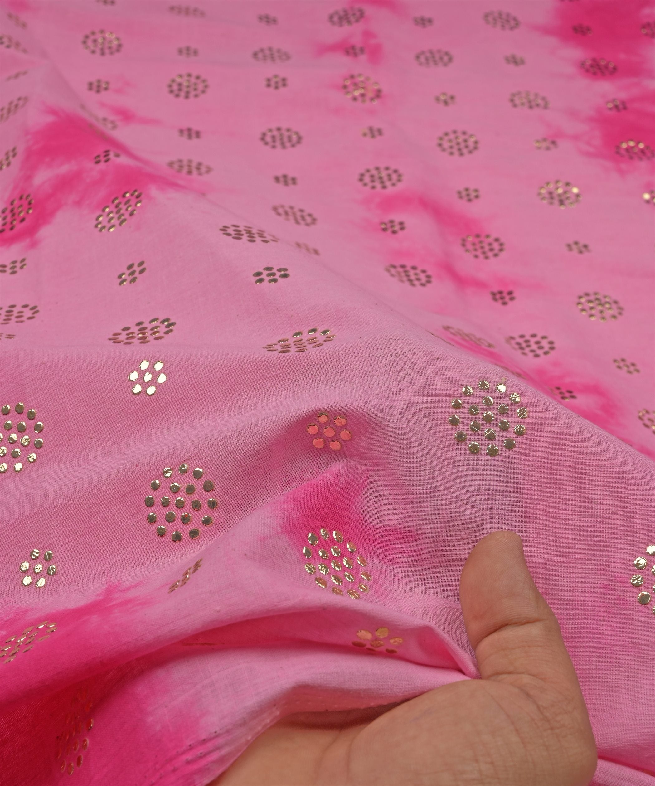 Pink Shibori print on Mal cotton Fabric with Mukaish work