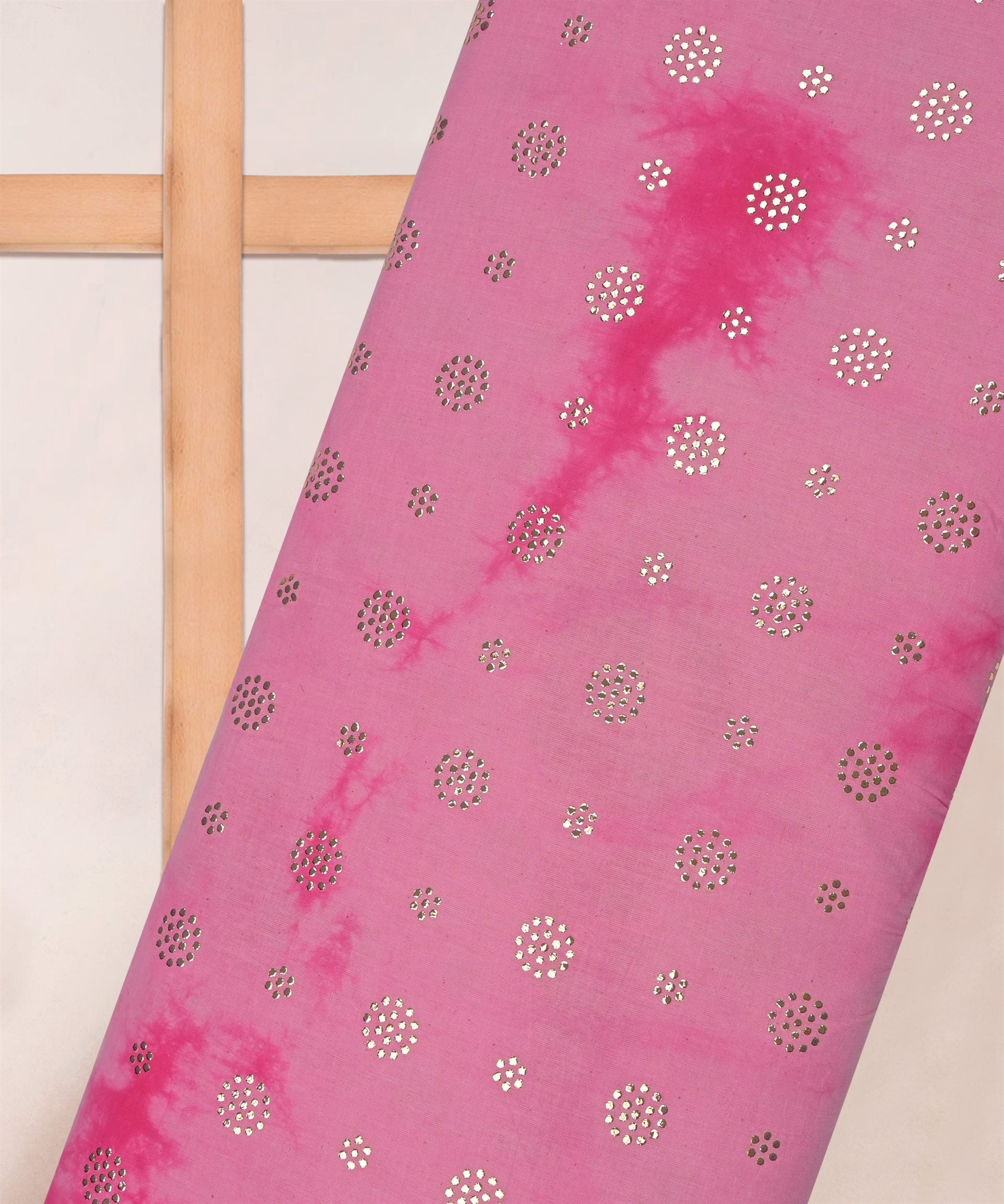 Pink Shibori print on Mal cotton Fabric with Mukaish work