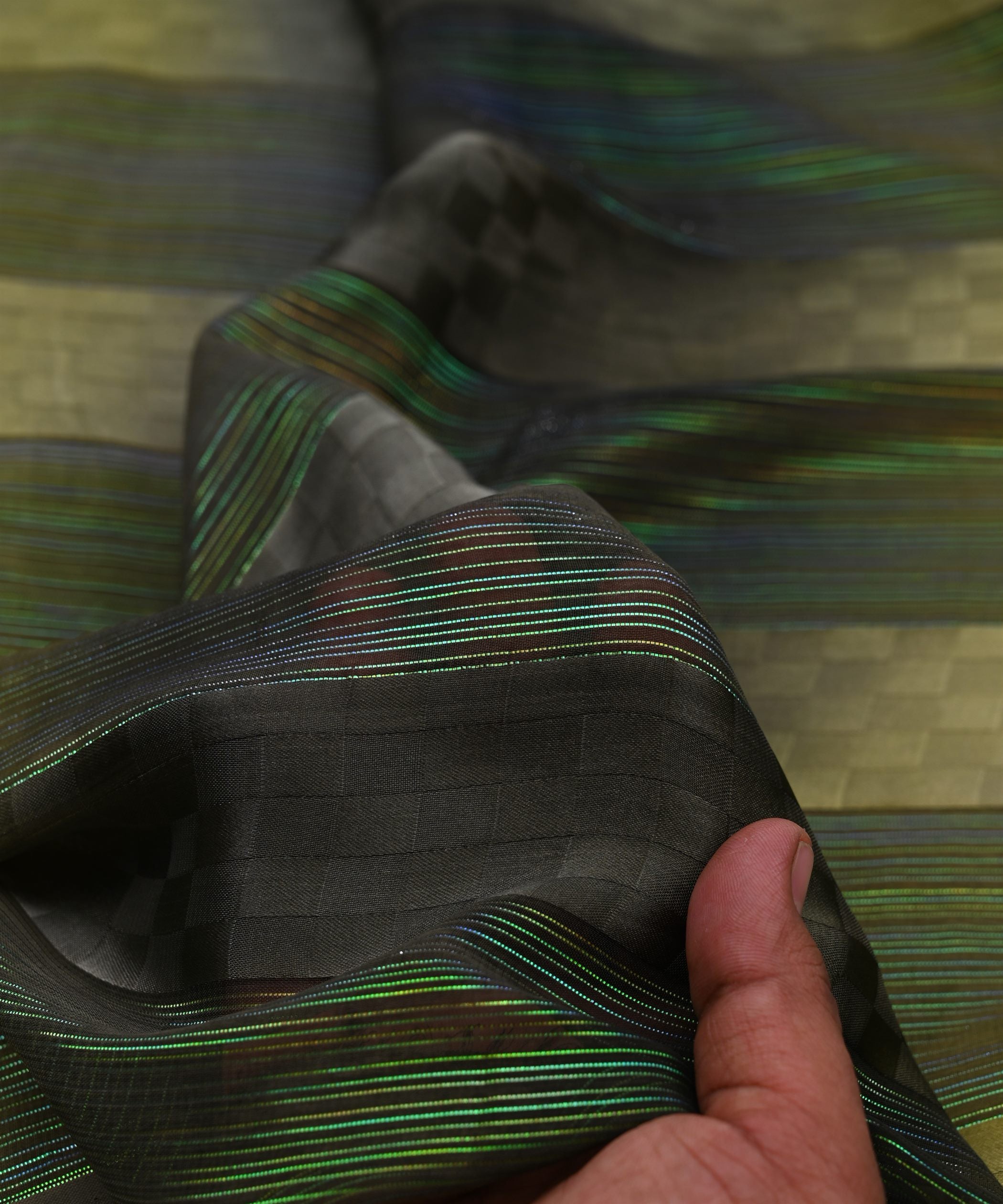 Green Spray Print Georgette Fabric with Satin Patta and Checks