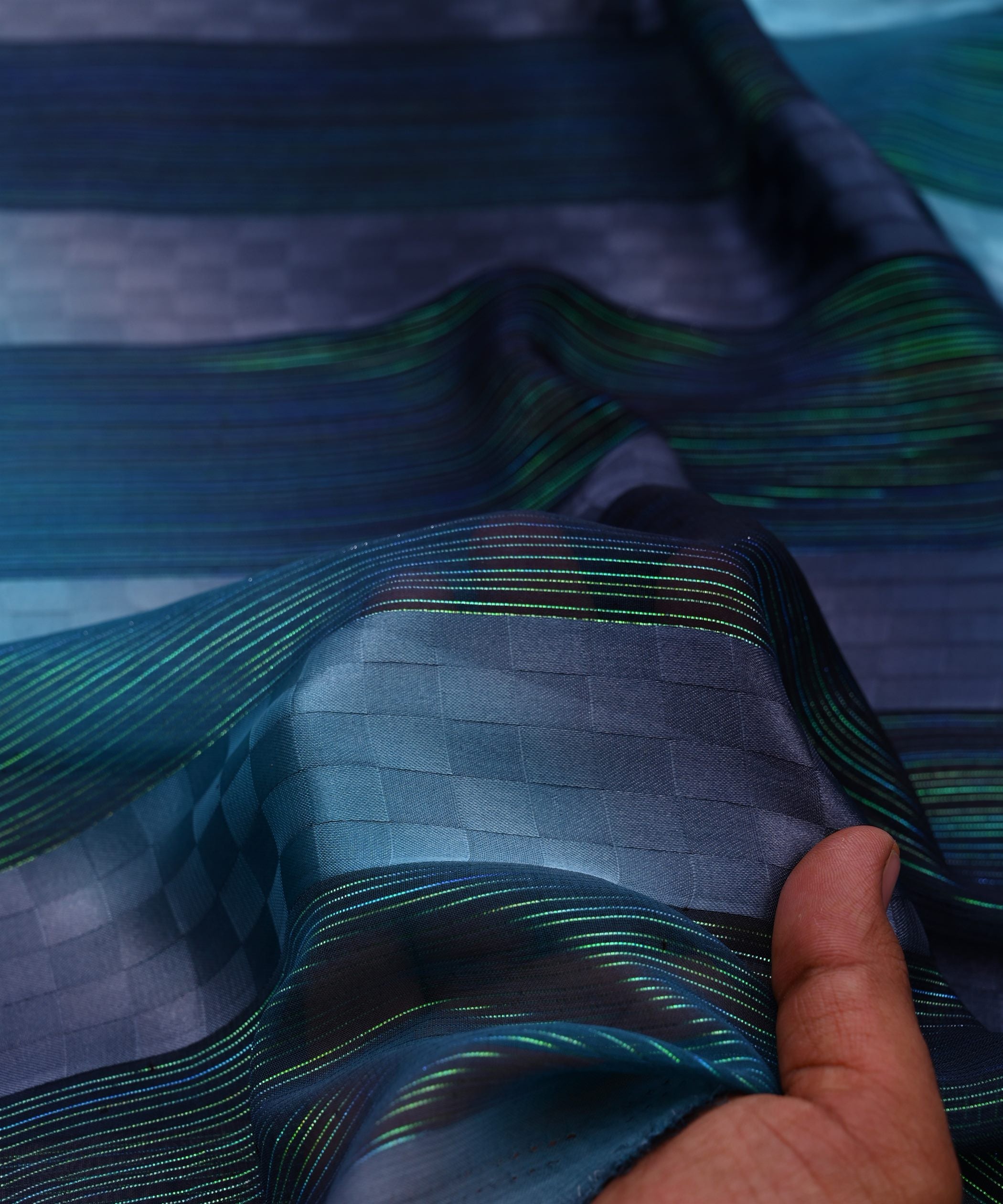 Teal Spray Print Georgette Fabric with Satin Patta and Checks