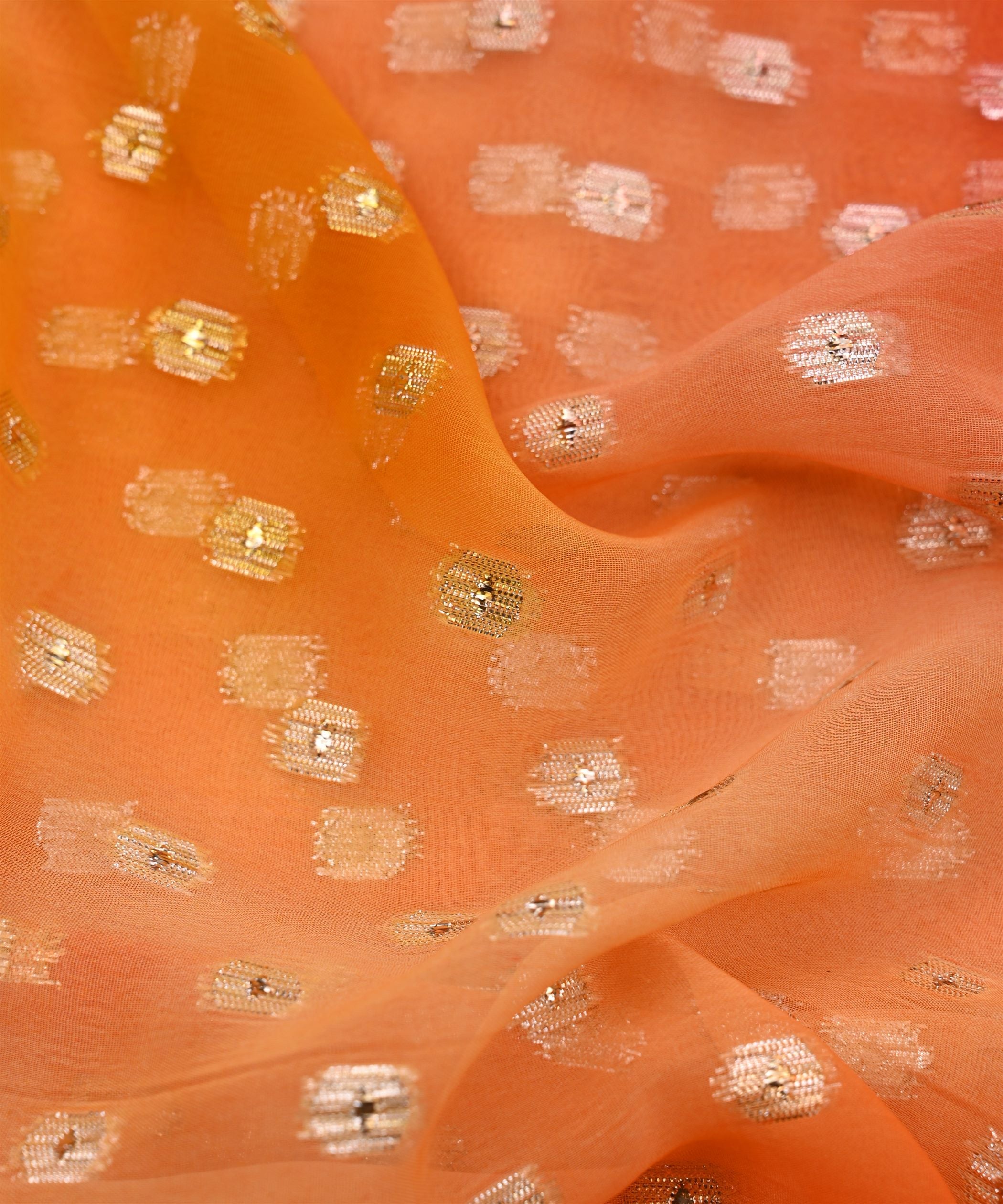 Orange Spray Print Georgette Fabric with Zari Design