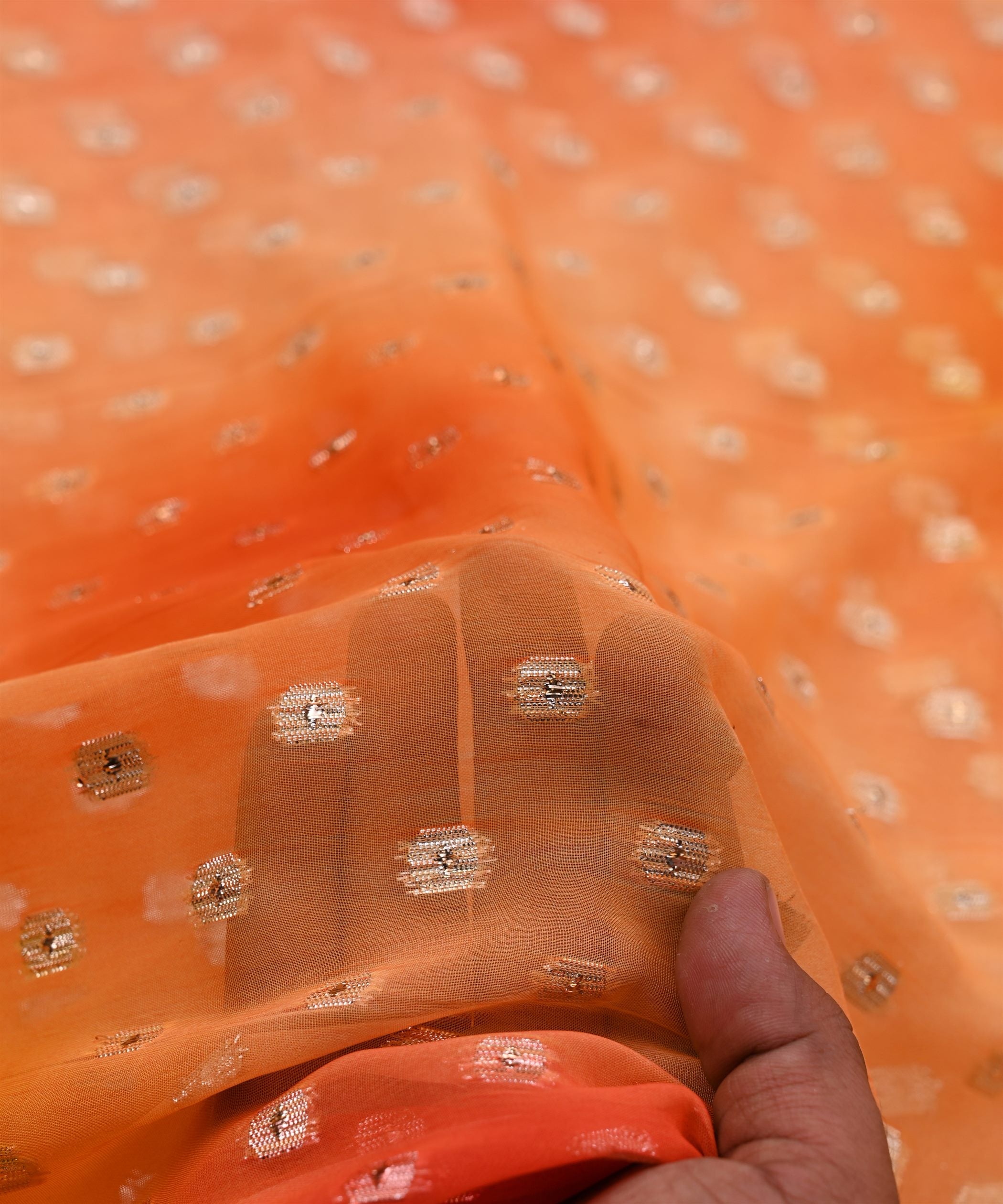 Orange Spray Print Georgette Fabric with Zari Design