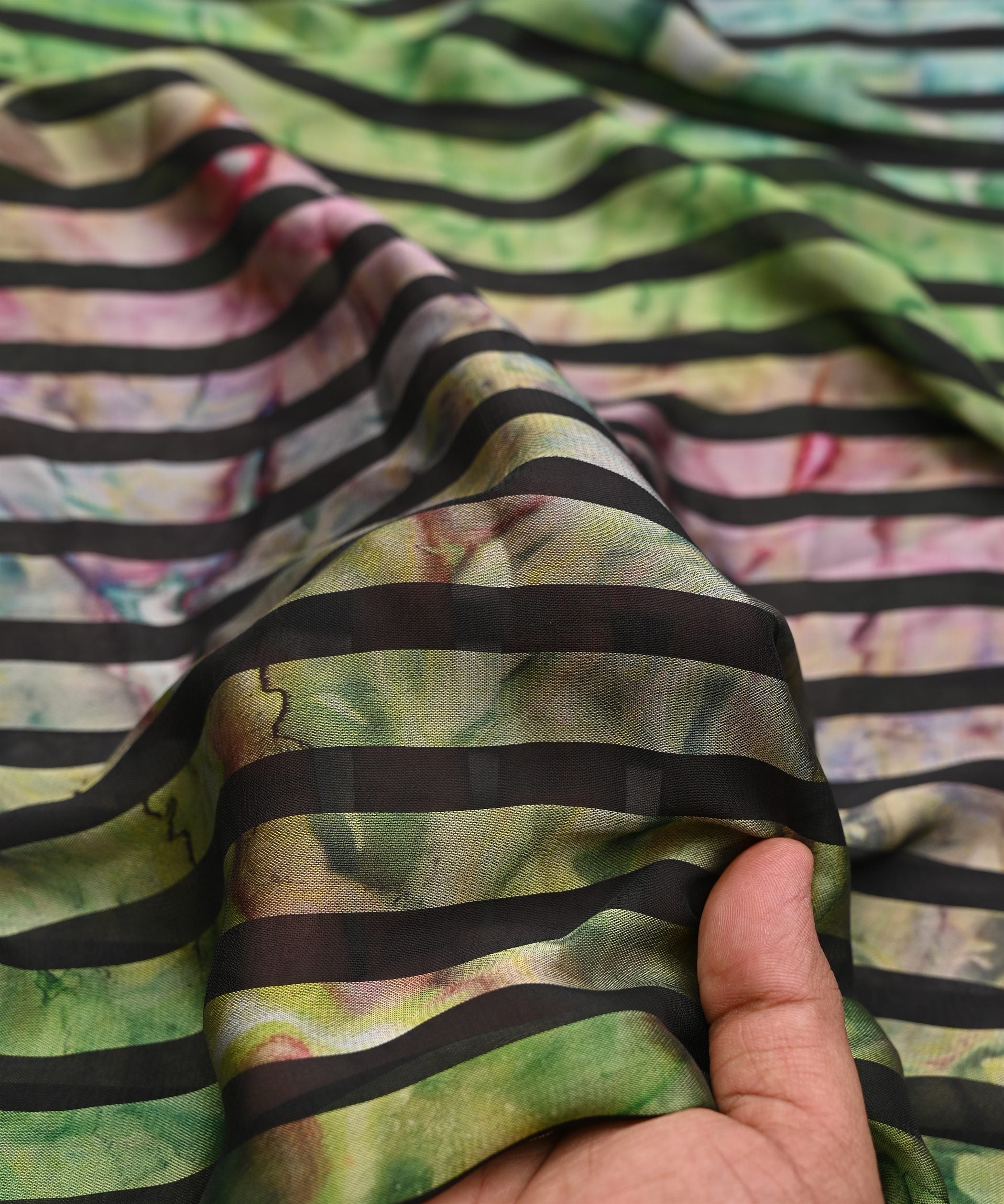 Green Tie and Dye Georgette Fabric with Zebra Stripes