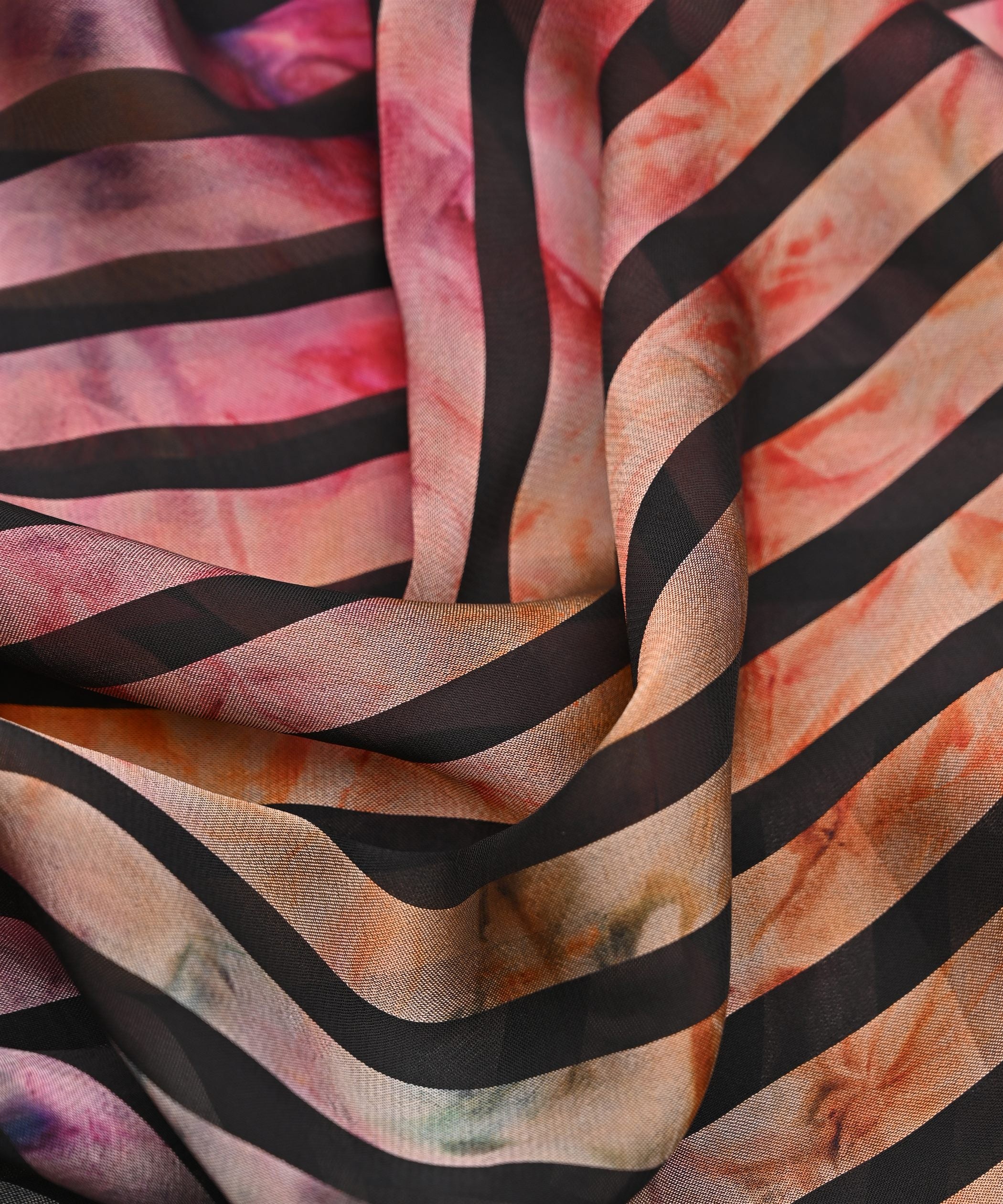 Light Peach Tie and Dye Georgette Fabric with Zebra Stripes