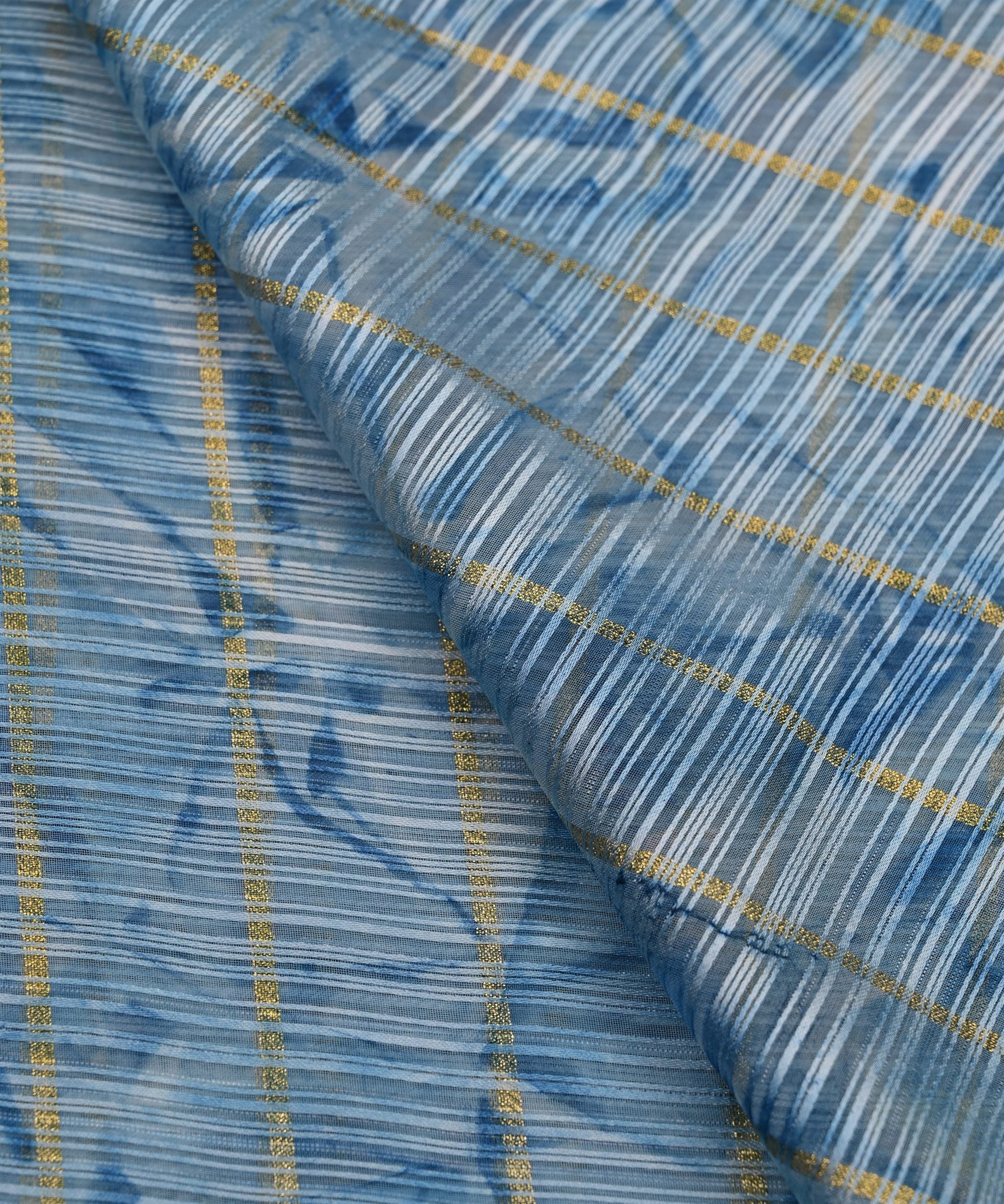 Blue Weightless Fabric with Shibori and Golden Stripes