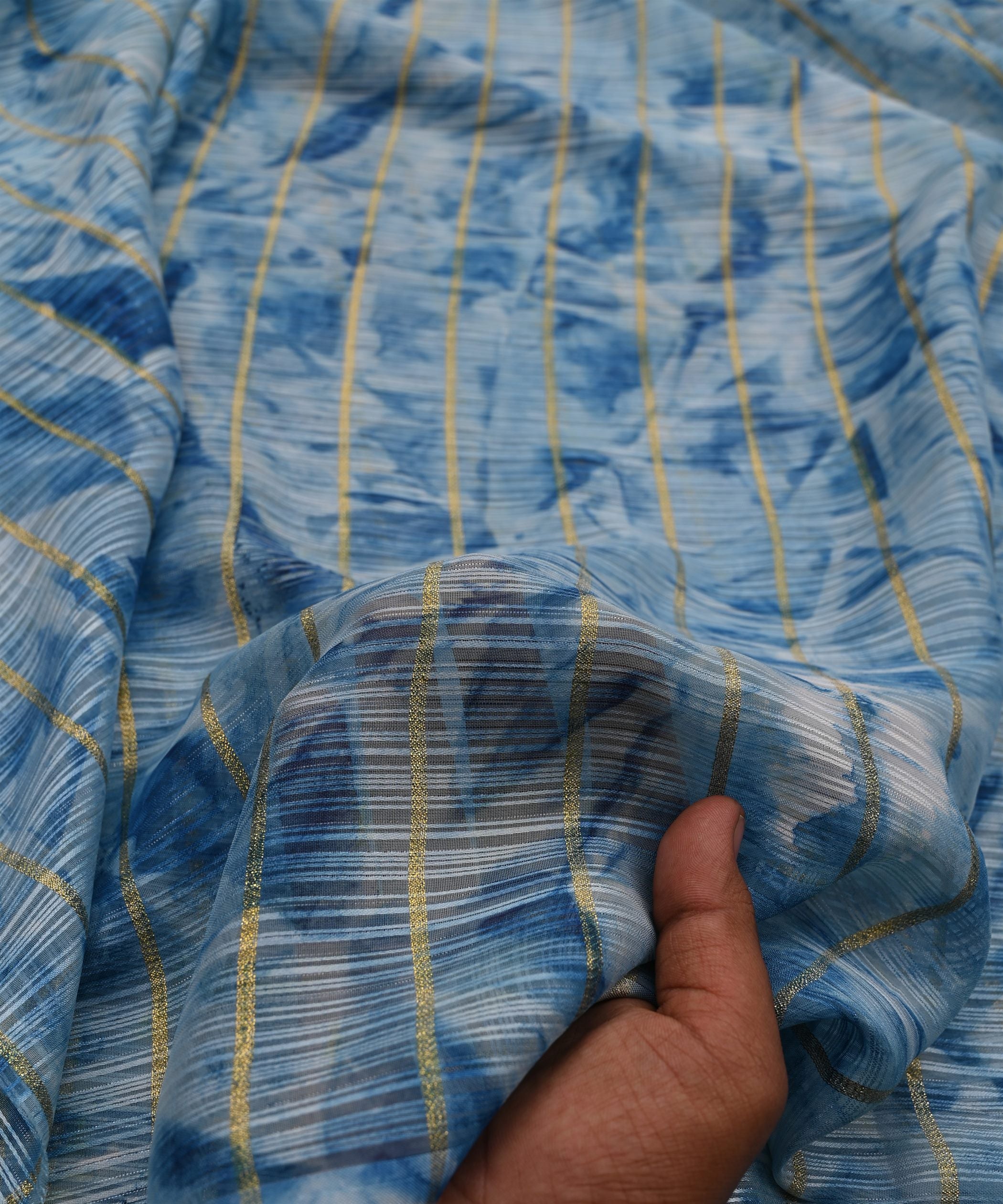 Blue Weightless Fabric with Shibori and Golden Stripes