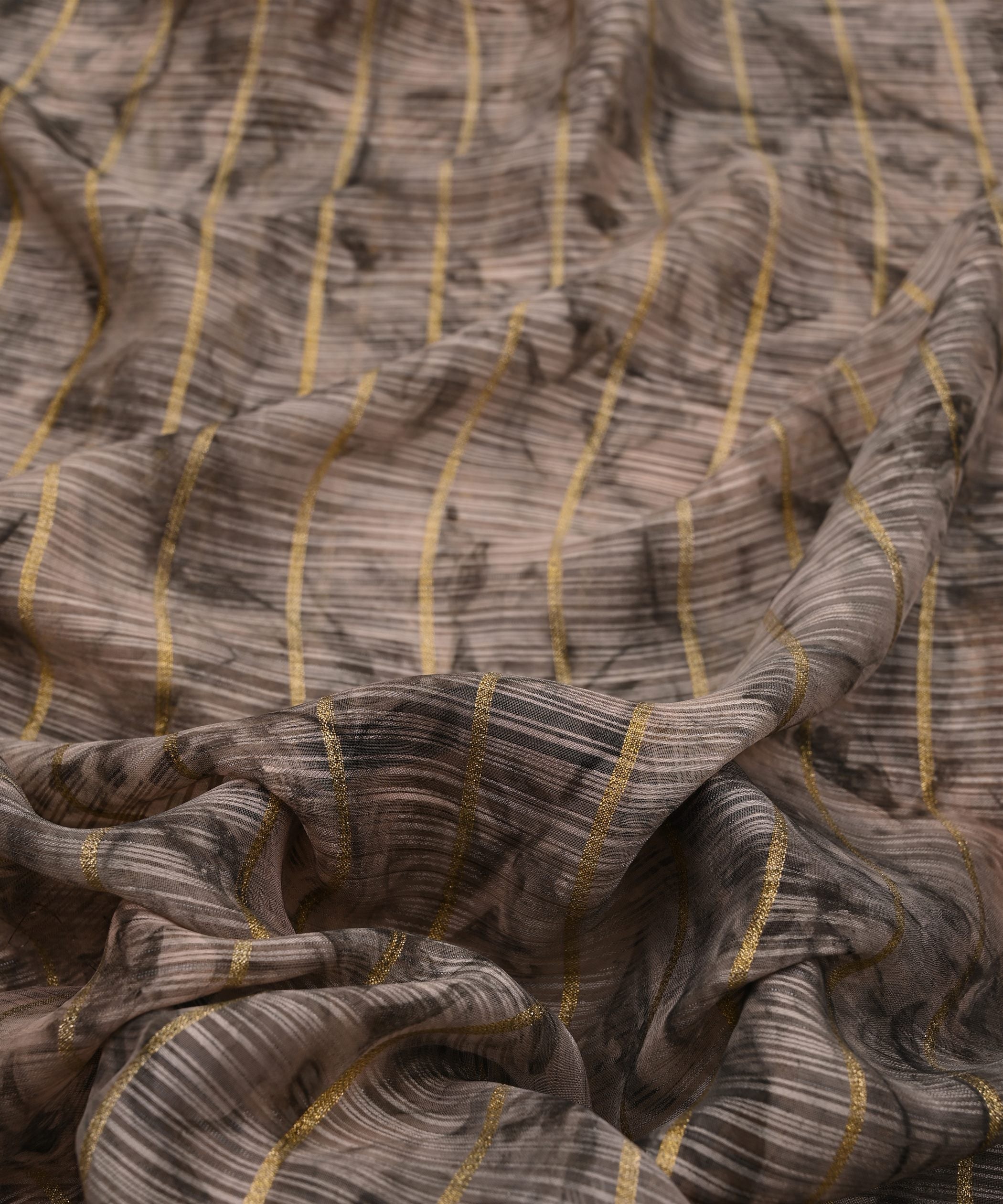 Grey Weightless Fabric with Shibori and Golden Stripes