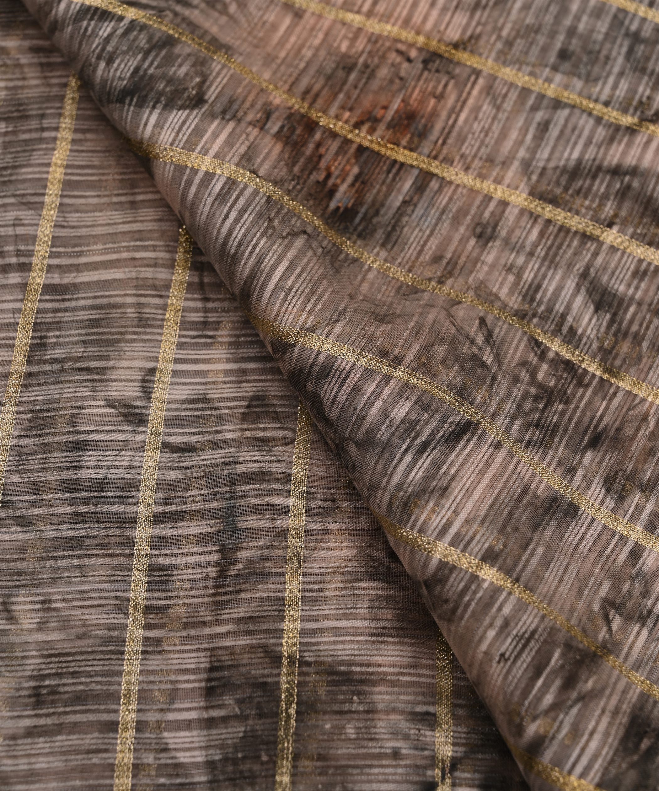 Grey Weightless Fabric with Shibori and Golden Stripes