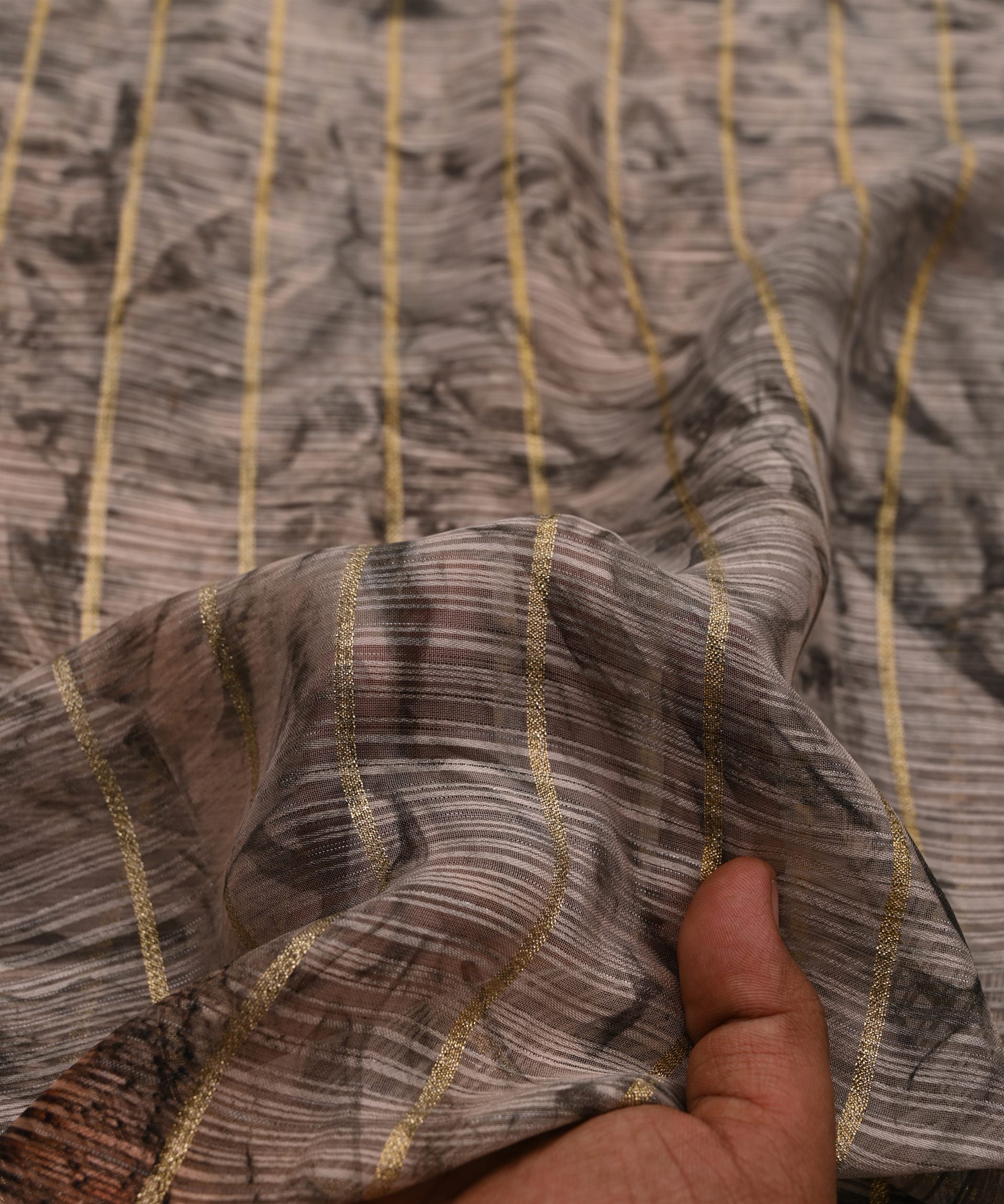 Grey Weightless Fabric with Shibori and Golden Stripes