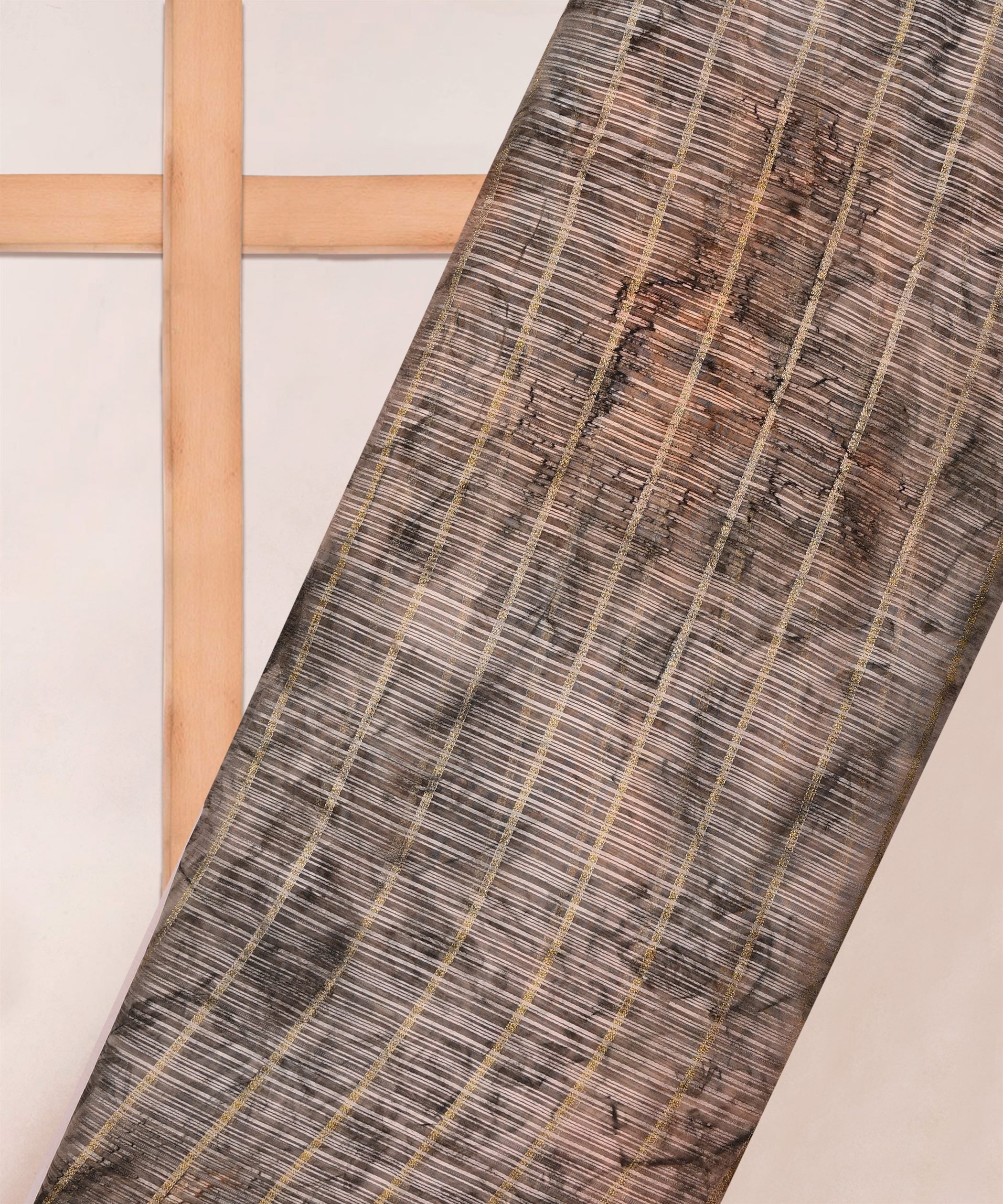 Grey Weightless Fabric with Shibori and Golden Stripes