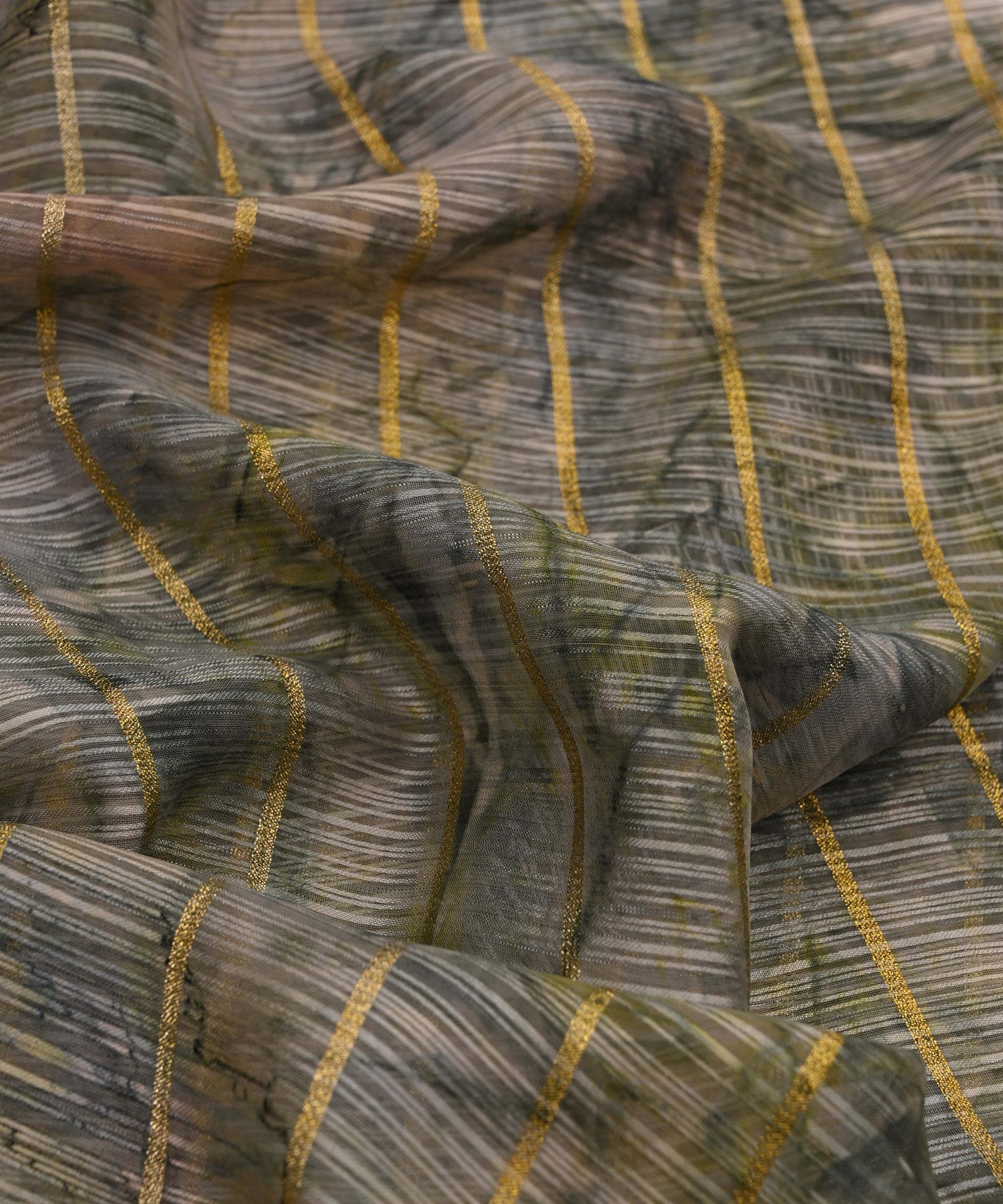 Olive Green Weightless Fabric with Shibori and Golden Stripes