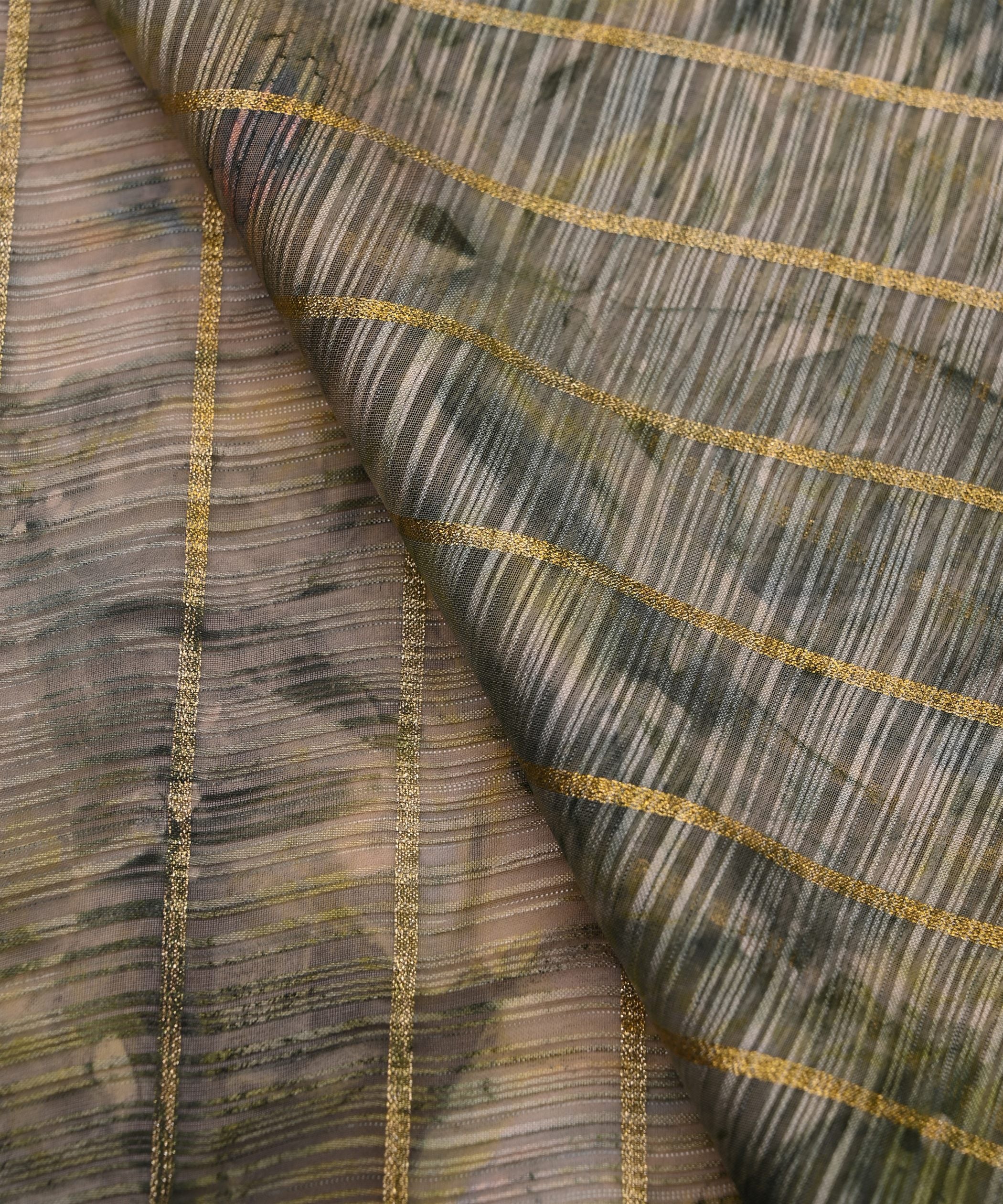 Olive Green Weightless Fabric with Shibori and Golden Stripes