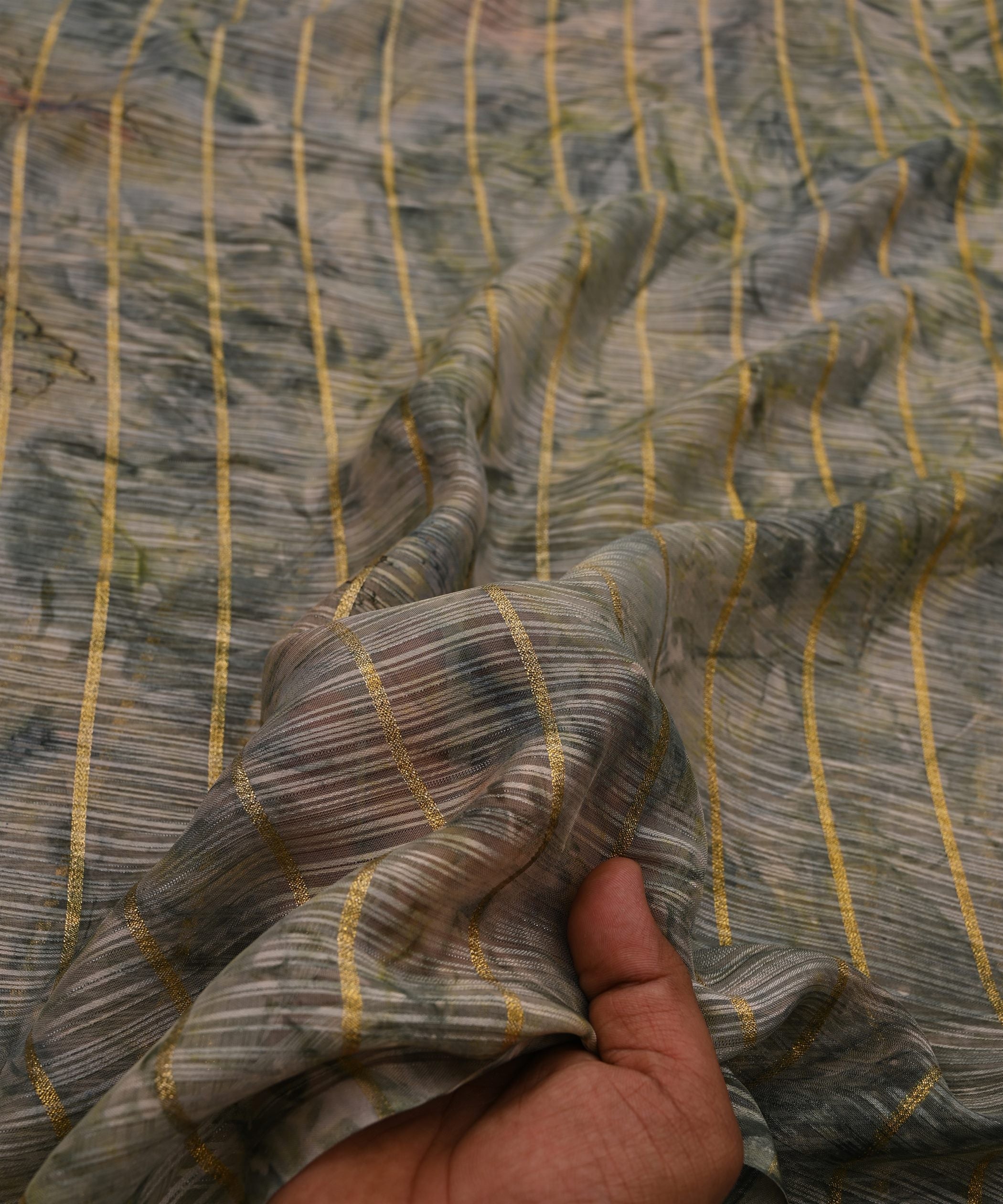 Olive Green Weightless Fabric with Shibori and Golden Stripes