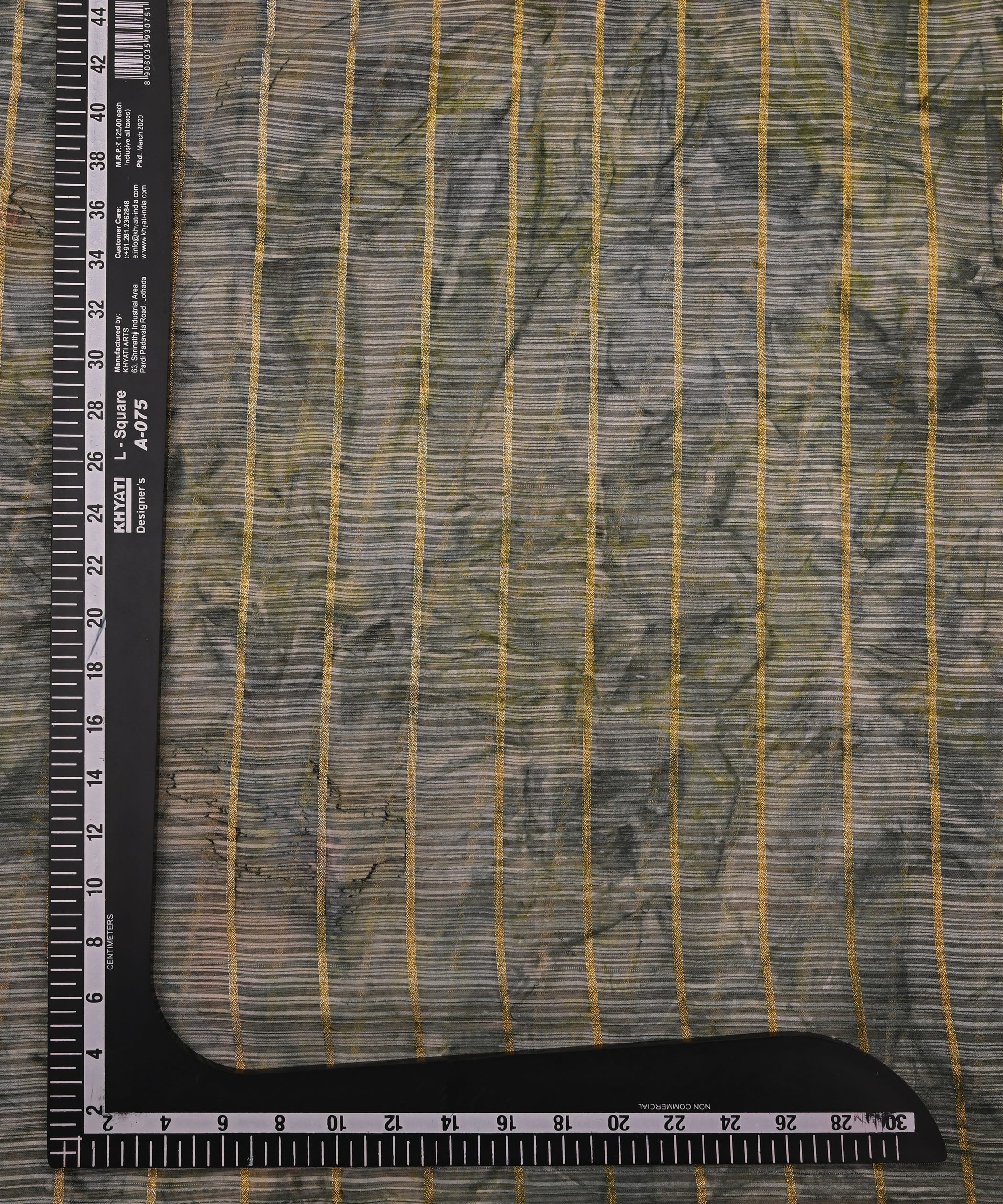 Olive Green Weightless Fabric with Shibori and Golden Stripes