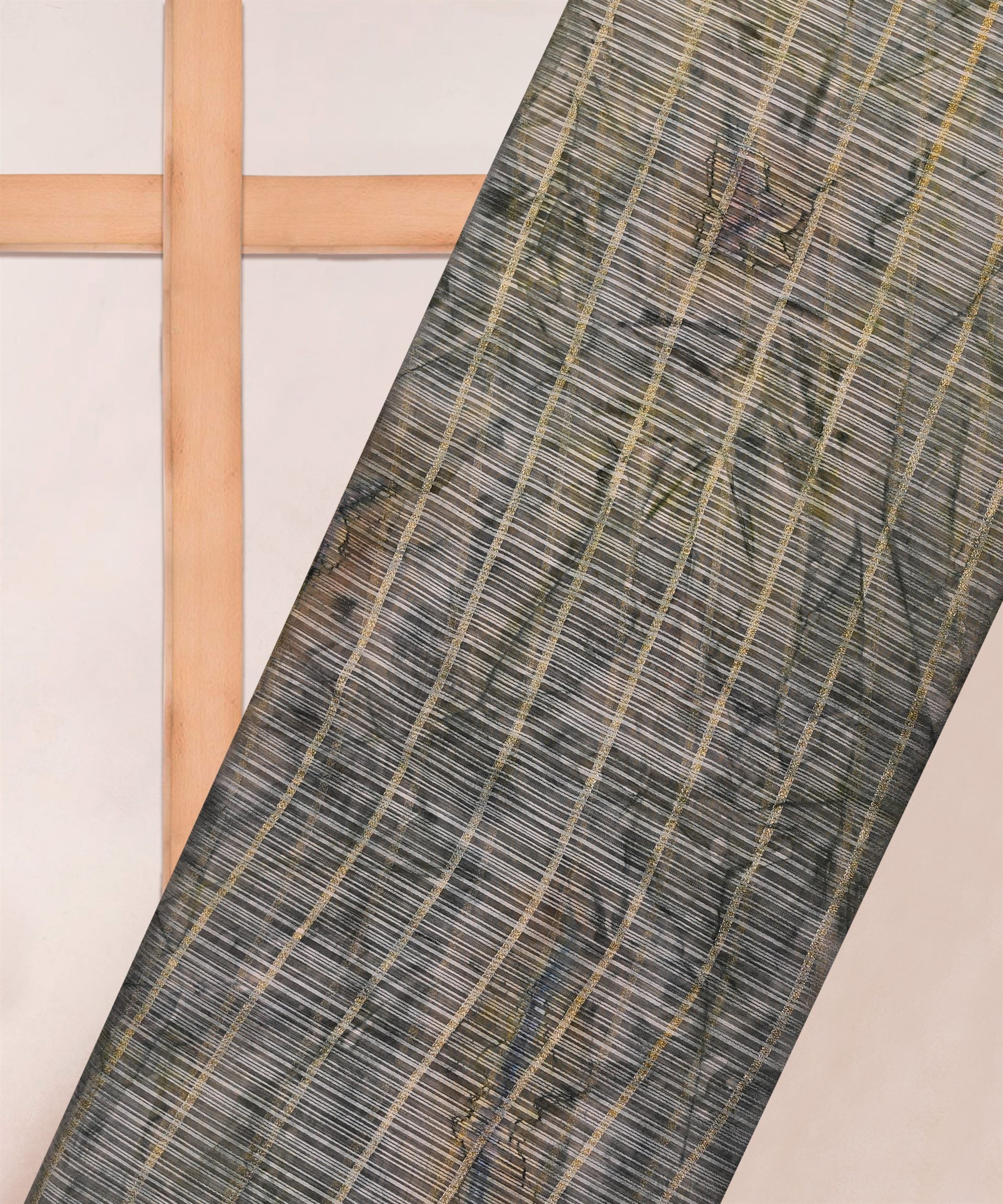Olive Green Weightless Fabric with Shibori and Golden Stripes