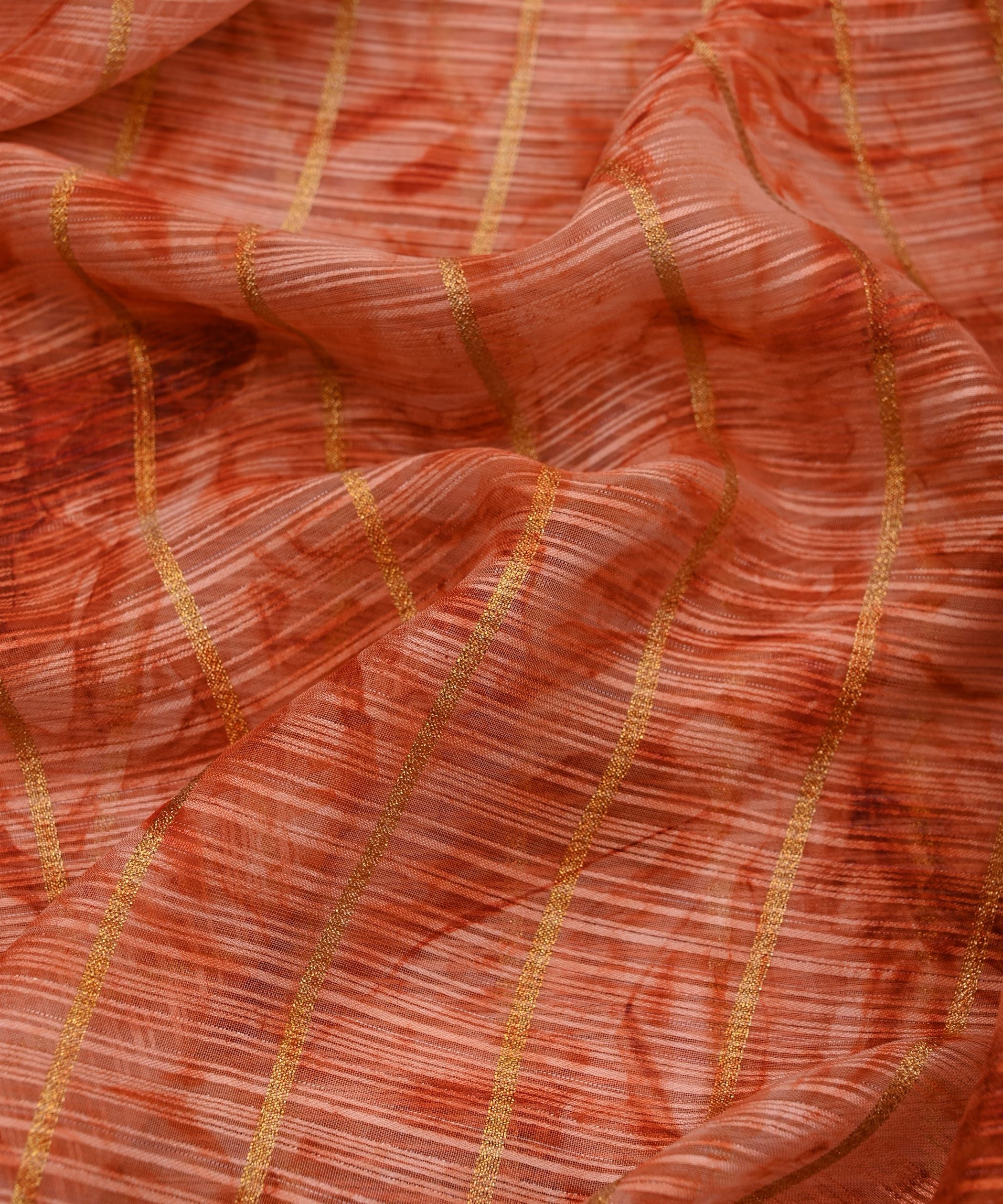 Orange Weightless Fabric with Shibori and Golden Stripes