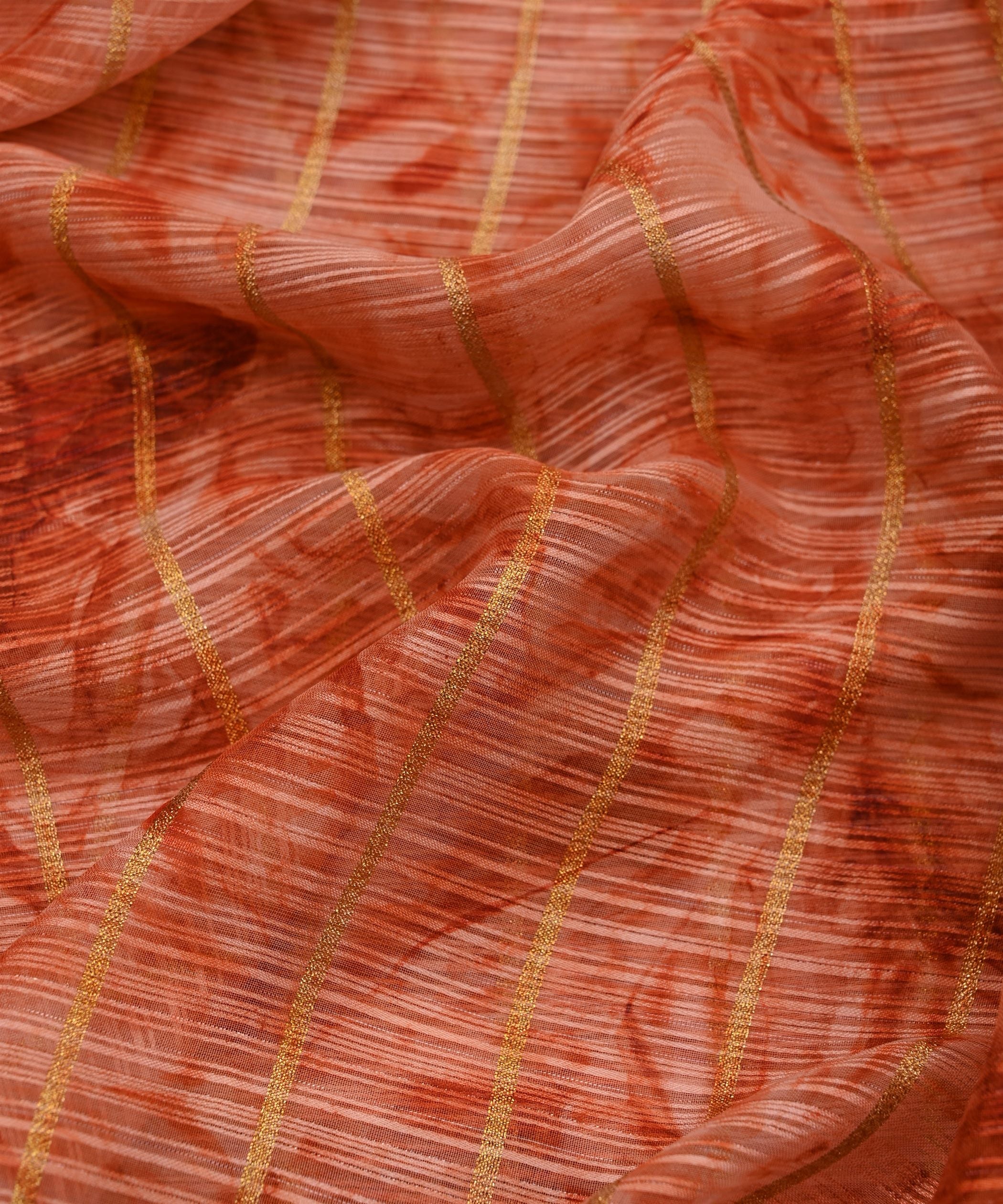 Orange Weightless Fabric with Shibori and Golden Stripes