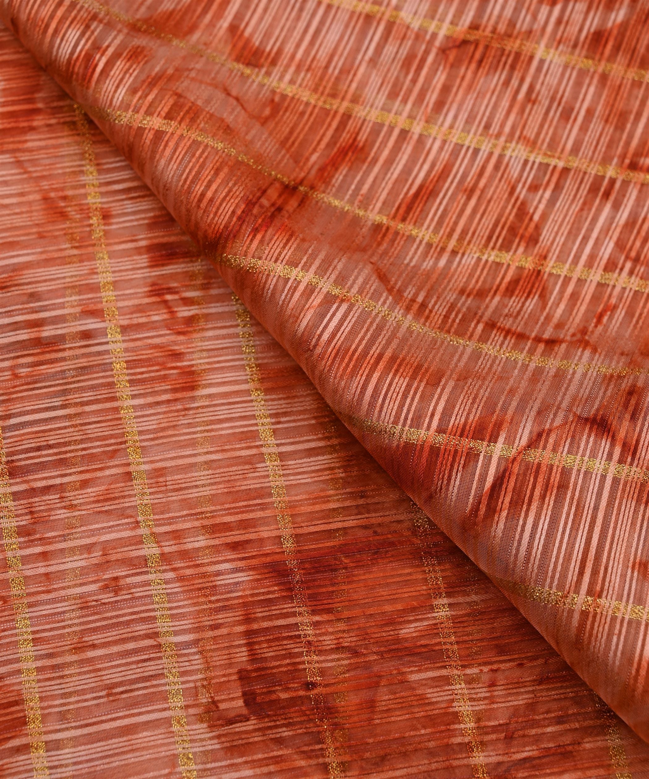 Orange Weightless Fabric with Shibori and Golden Stripes