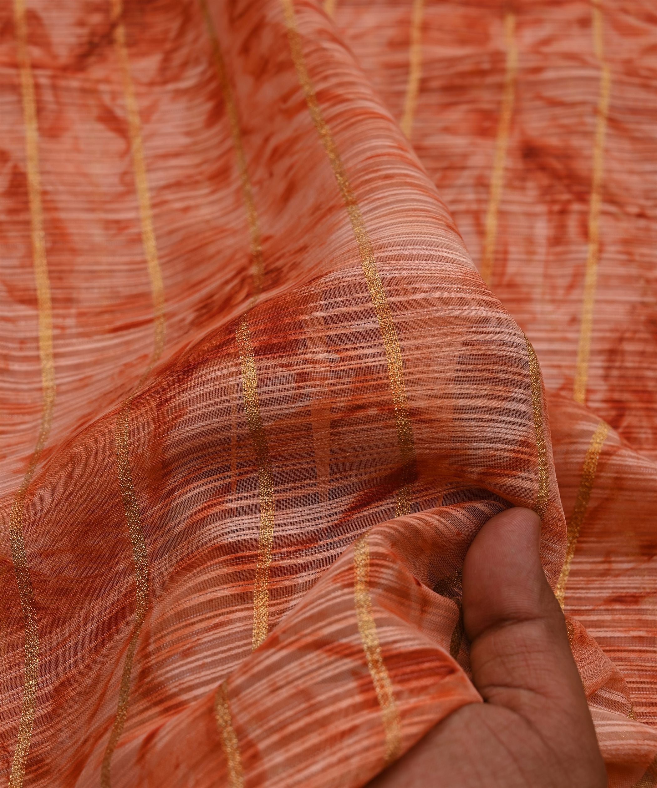 Orange Weightless Fabric with Shibori and Golden Stripes