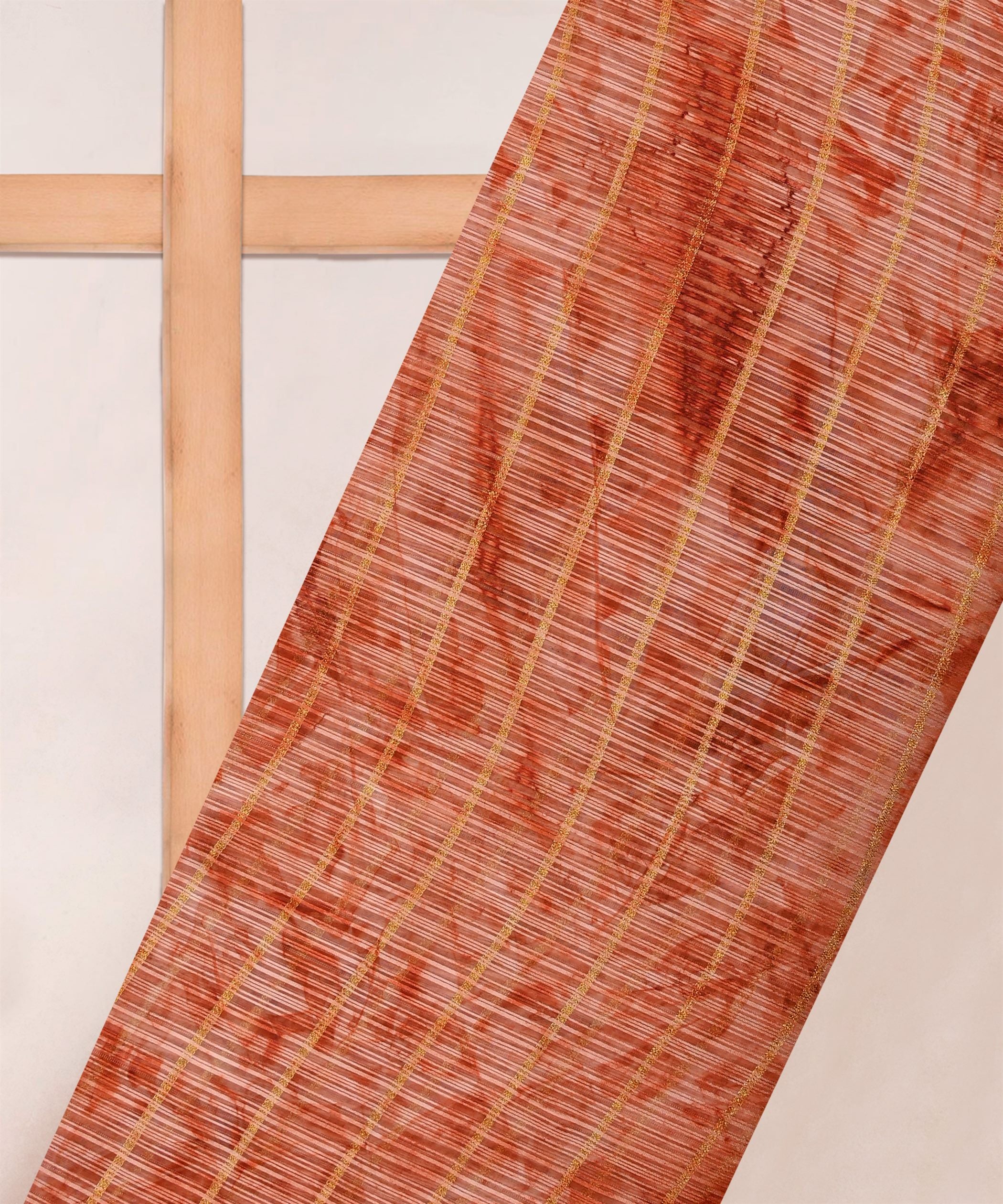 Orange Weightless Fabric with Shibori and Golden Stripes