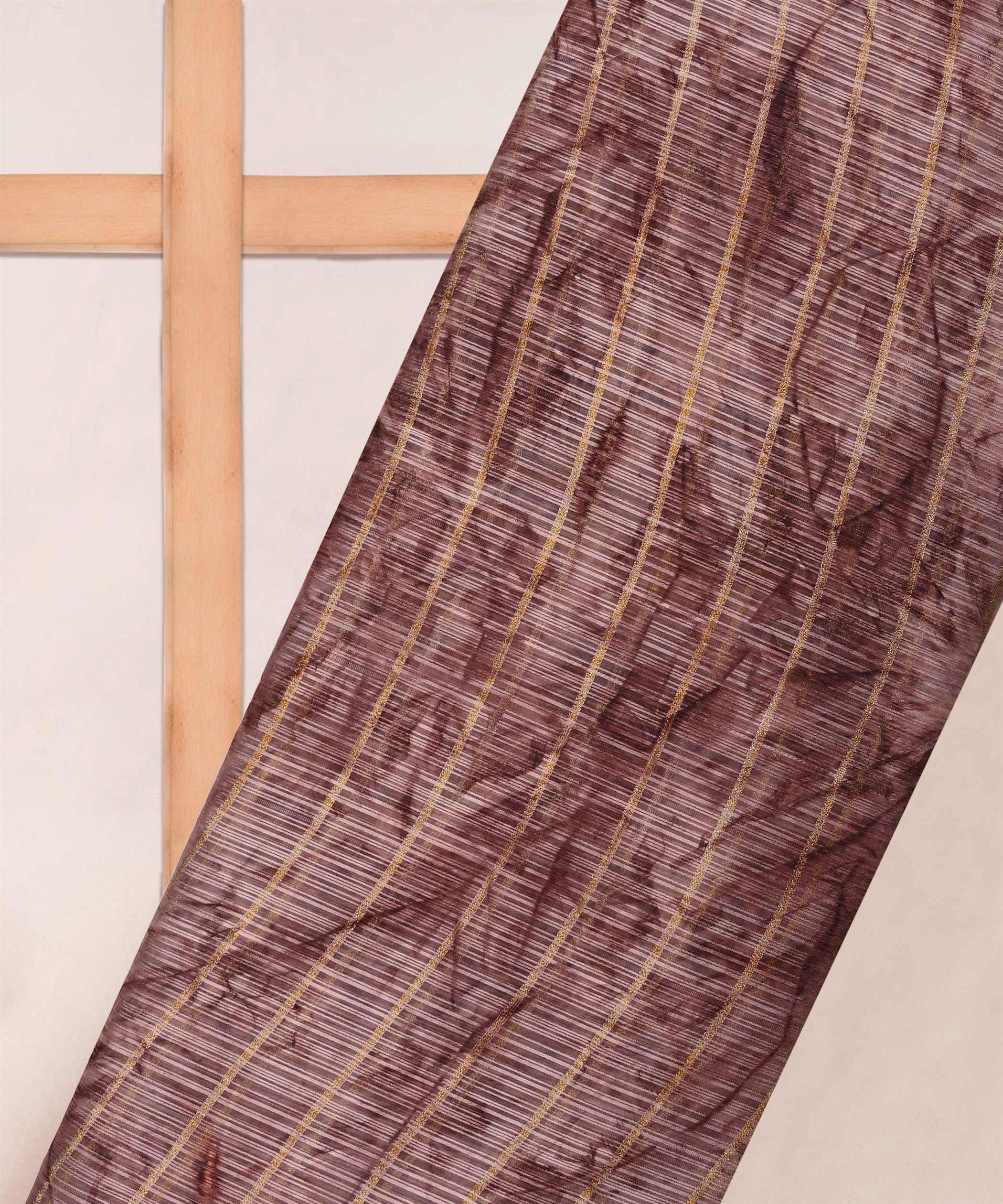 Wine Weightless Fabric with Shibori and Golden Stripes