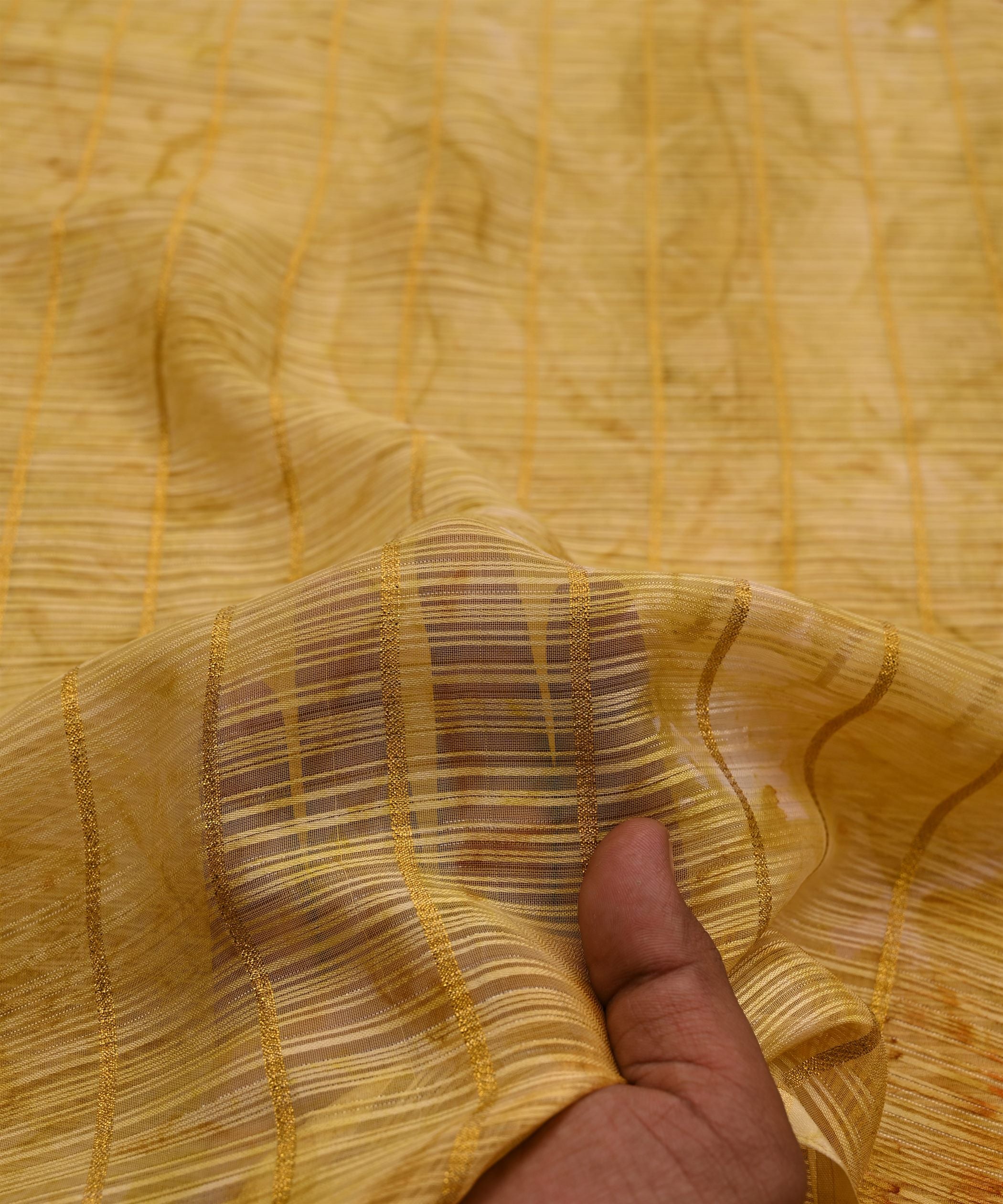 Yellow Weightless Fabric with Shibori and Golden Stripes