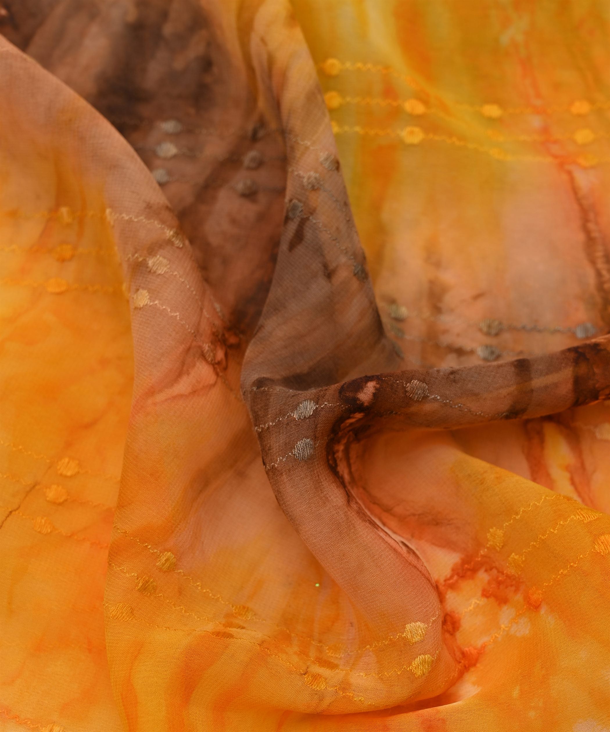 Yellow Tie and Dye Weightless Fabric with Thread Lines