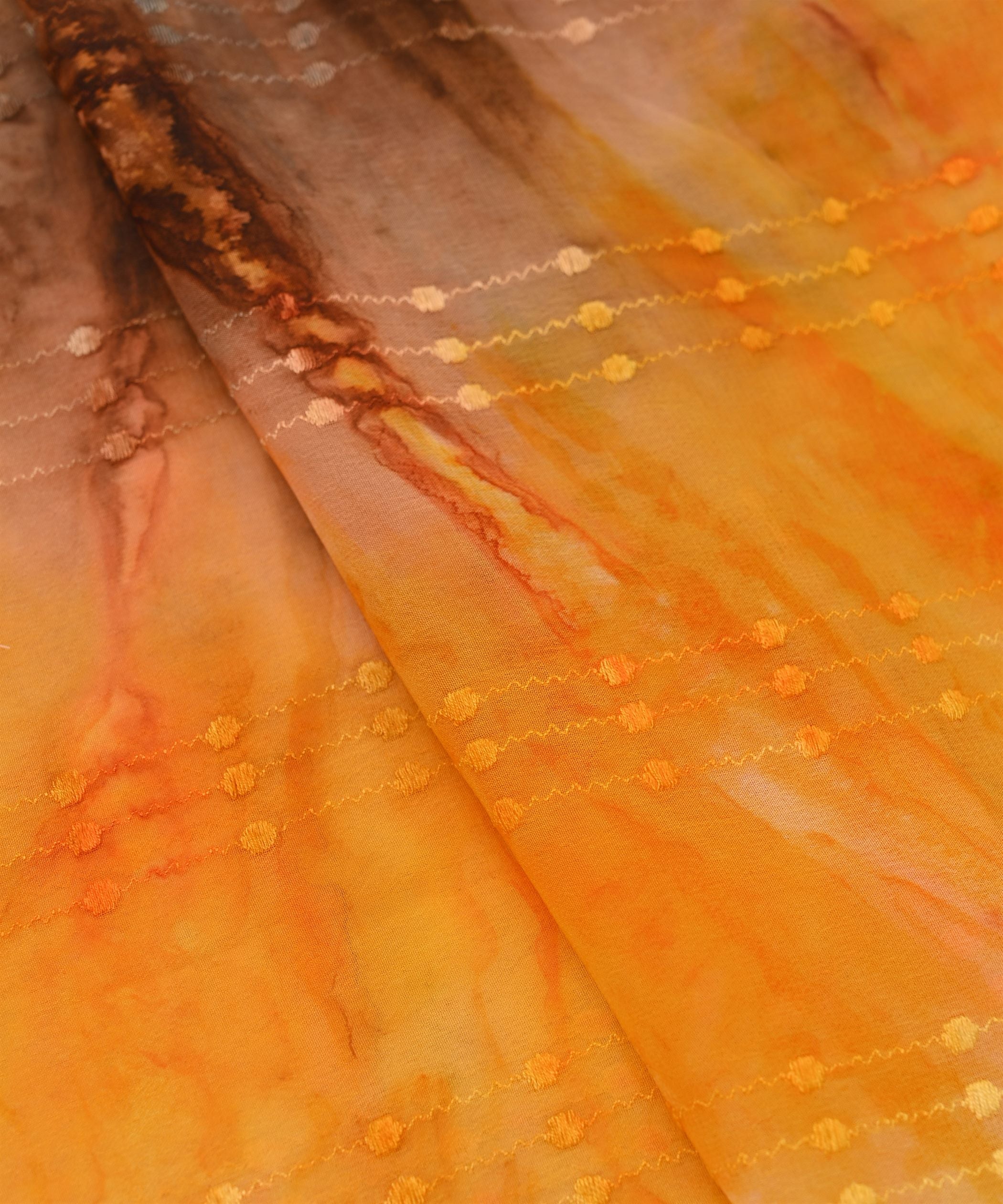 Yellow Tie and Dye Weightless Fabric with Thread Lines