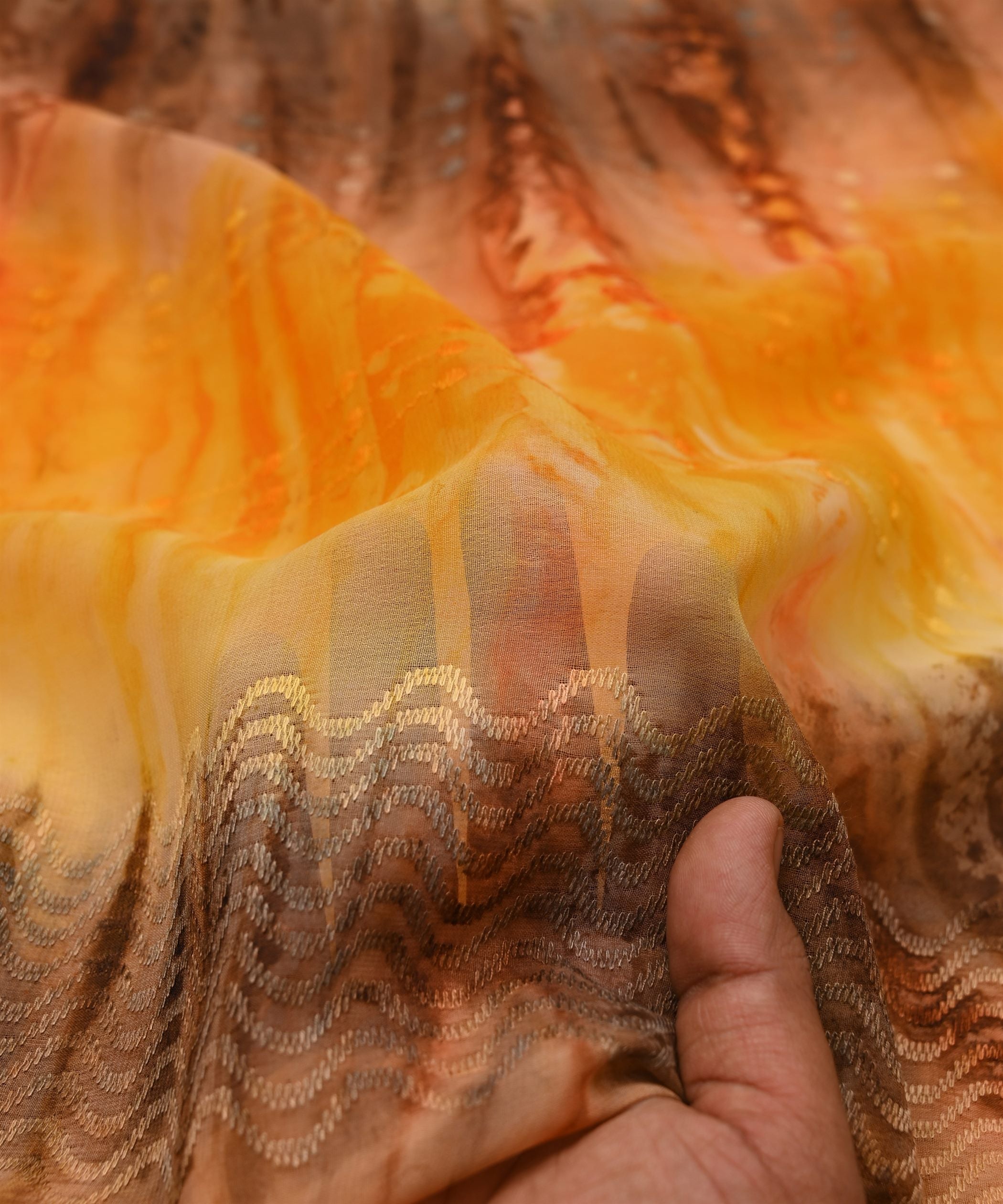 Yellow Tie and Dye Weightless Fabric with Thread Lines