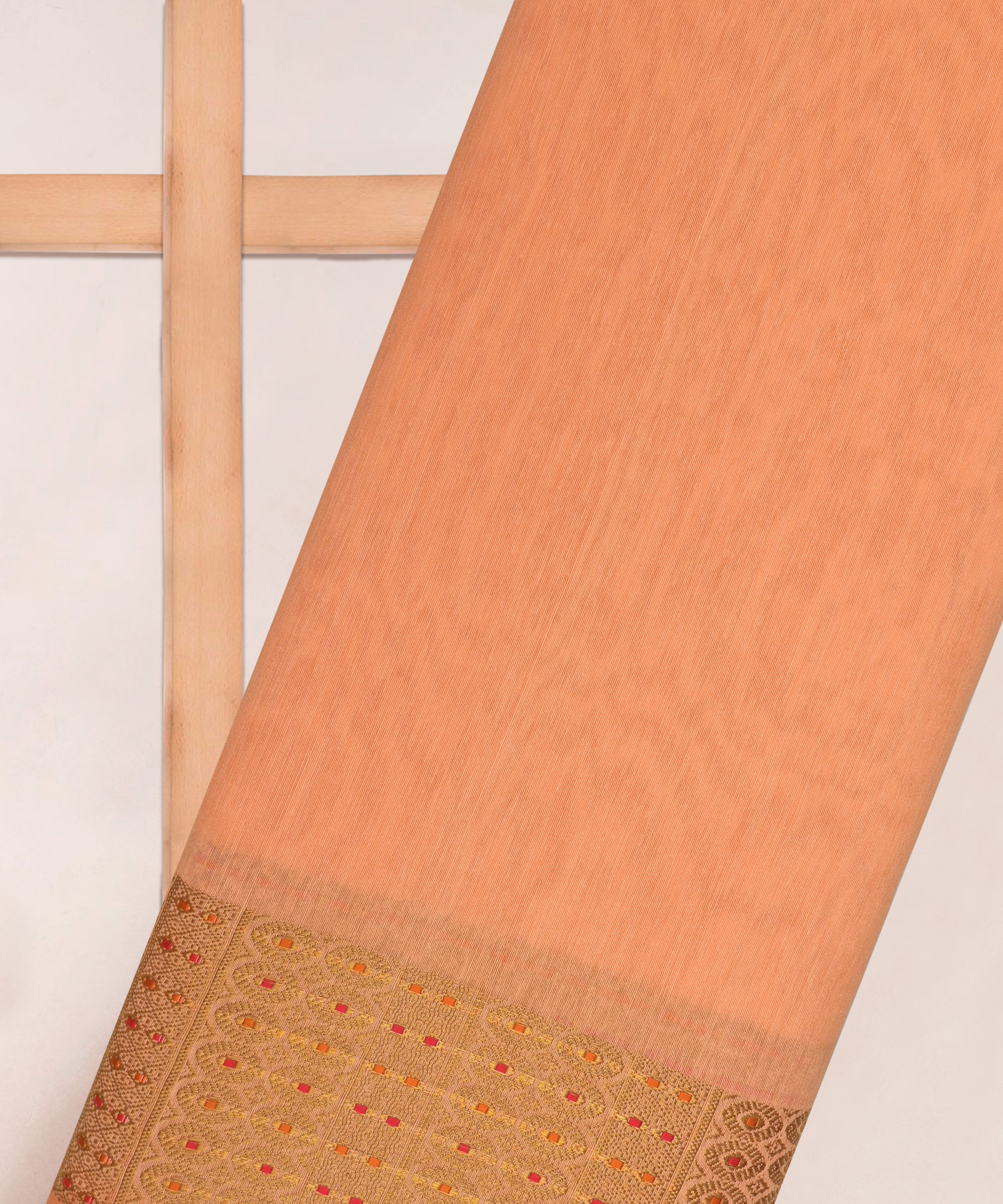 Peach Linen Fabric with Zari Border(cut-5.5 mtr)